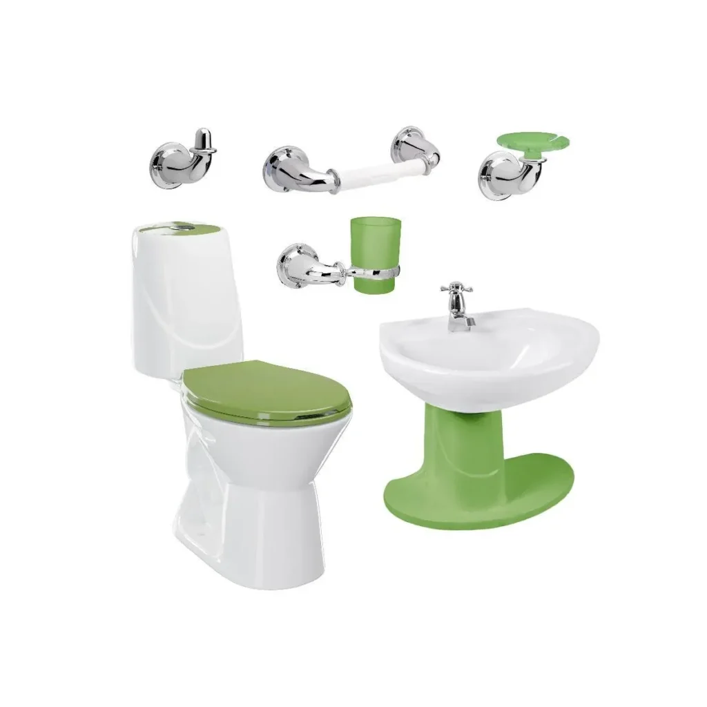 Fotografía de Combo Happy II Verde: sanitario, lavamanos con semipedestal, grifería y accesorios...