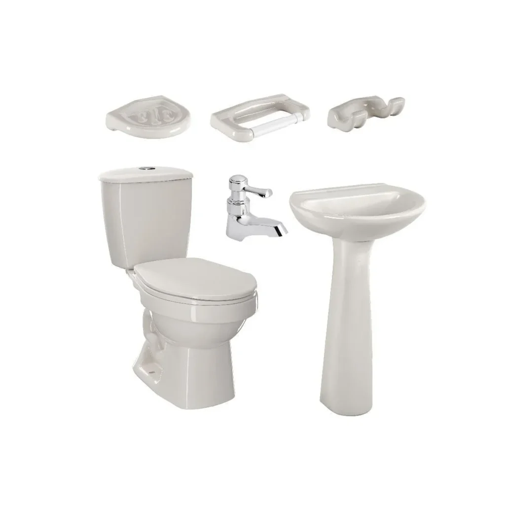 Fotografía de Combo Laguna Balta Bone: sanitario, lavamanos con pedestal, grifería y accesorios...